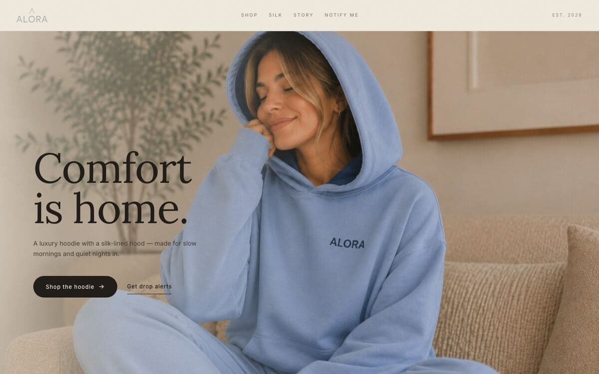 Screenshot of the Alora store home page at alora10.com